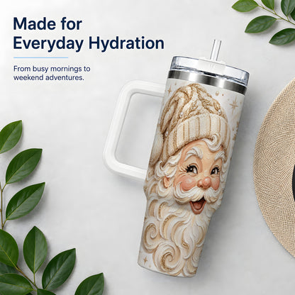 #pl[40oz|White] Golden Santa 40oz Stainless Steel Tumbler, Gold Snowflake Artwork
