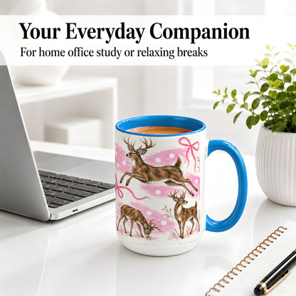 #pl[15oz|Blue] Pink Whitetail Deer Ceramic Mug, Bow Woodland Animal Artwork