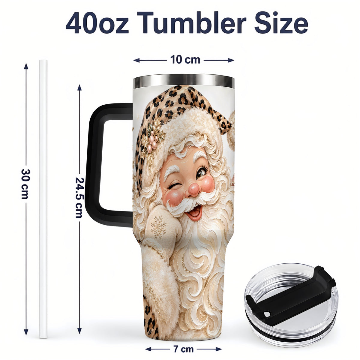 #pl[40oz|Black] Leopard Santa 40oz Stainless Steel Tumbler, Pink Bow Holiday Artwork