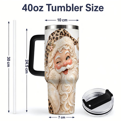 #pl[40oz|Black] Leopard Santa 40oz Stainless Steel Tumbler, Pink Bow Holiday Artwork