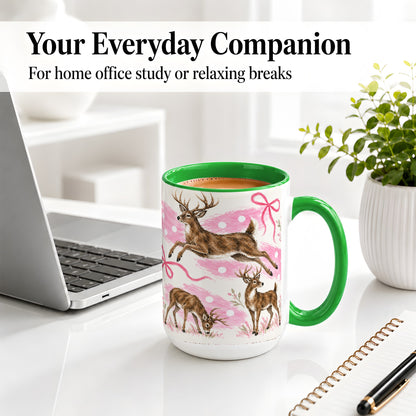 #pl[15oz|Green] Pink Whitetail Deer Ceramic Mug, Bow Woodland Animal Artwork