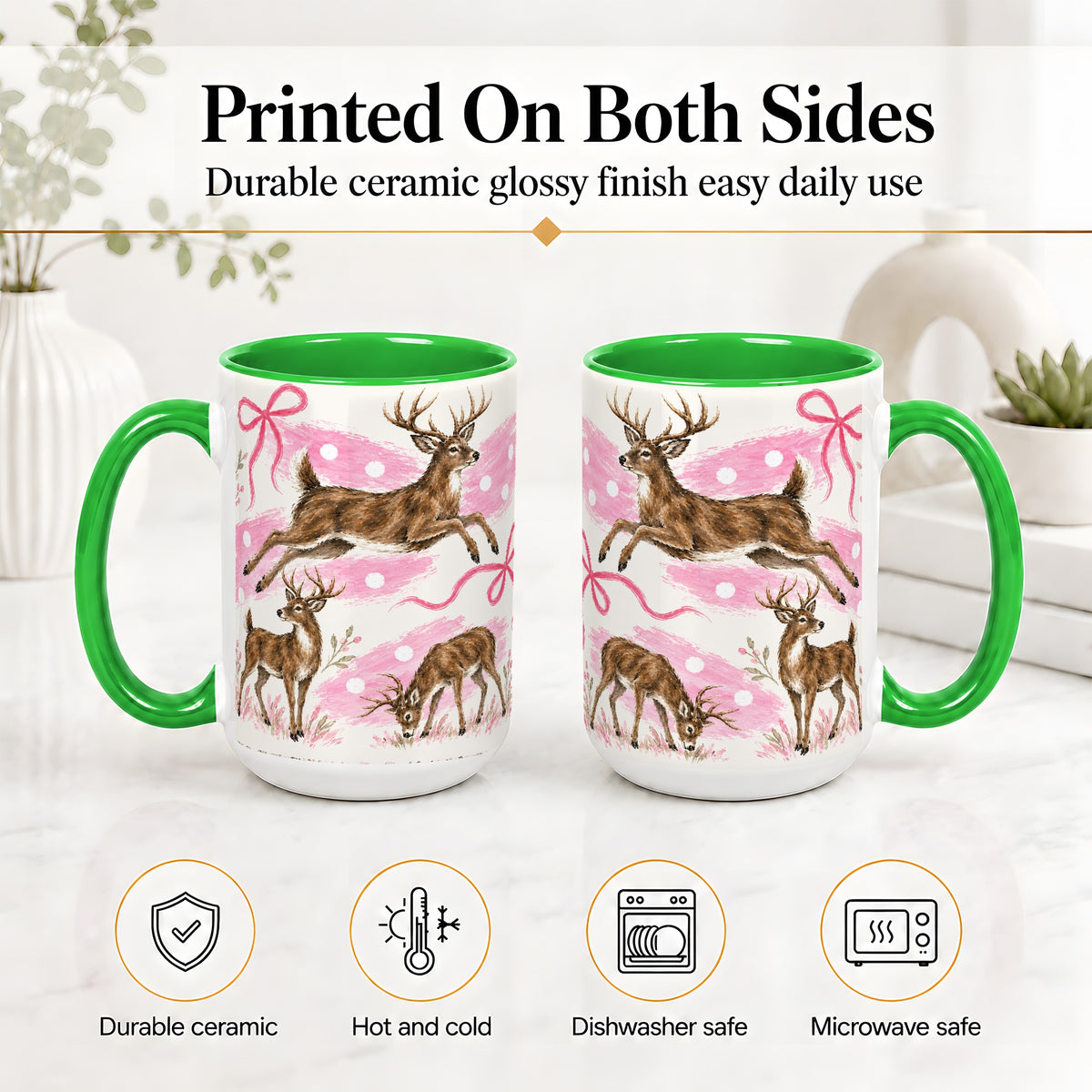 #pl[15oz|Green] Pink Whitetail Deer Ceramic Mug, Bow Woodland Animal Artwork