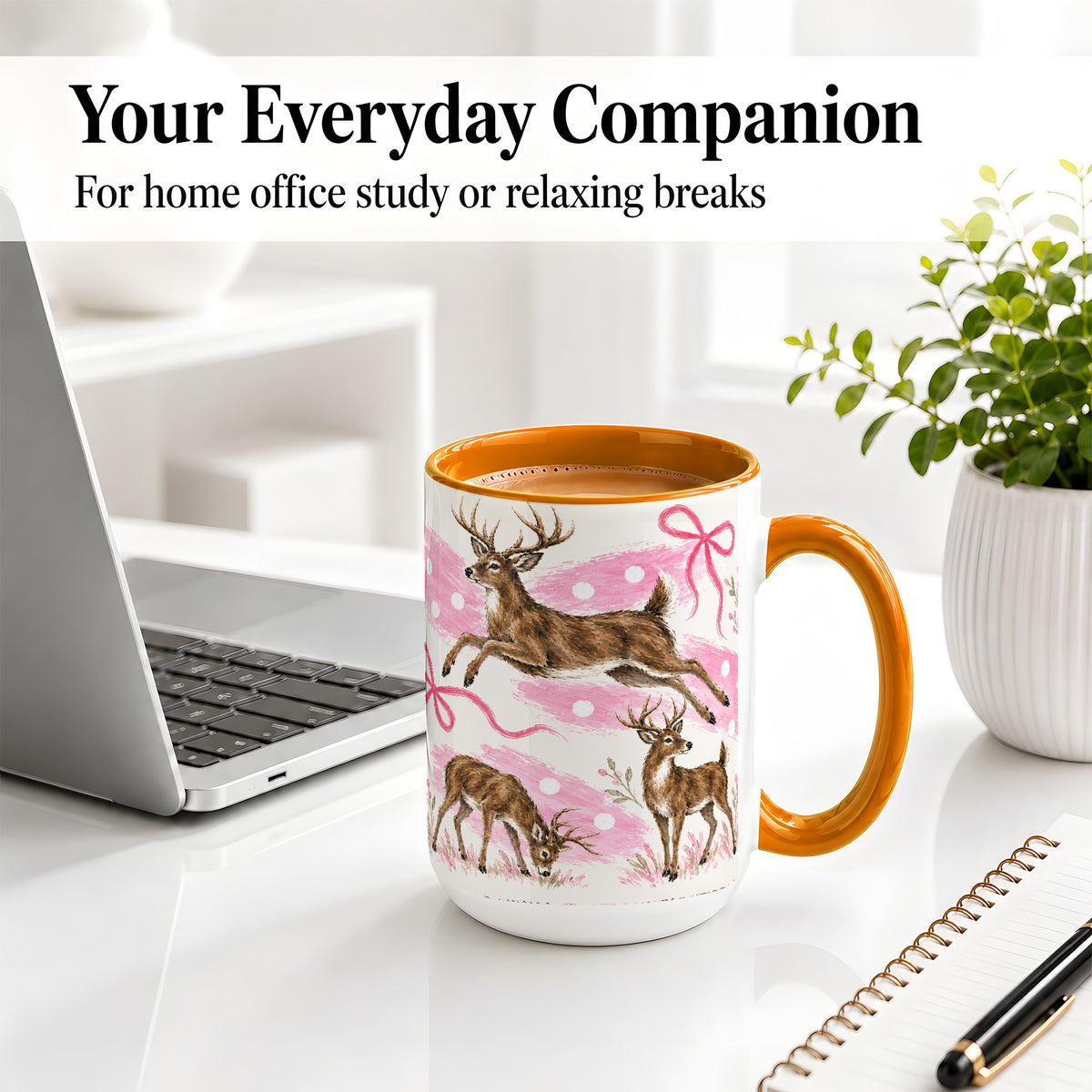#pl[15oz|Orange] Pink Whitetail Deer Ceramic Mug, Bow Woodland Animal Artwork