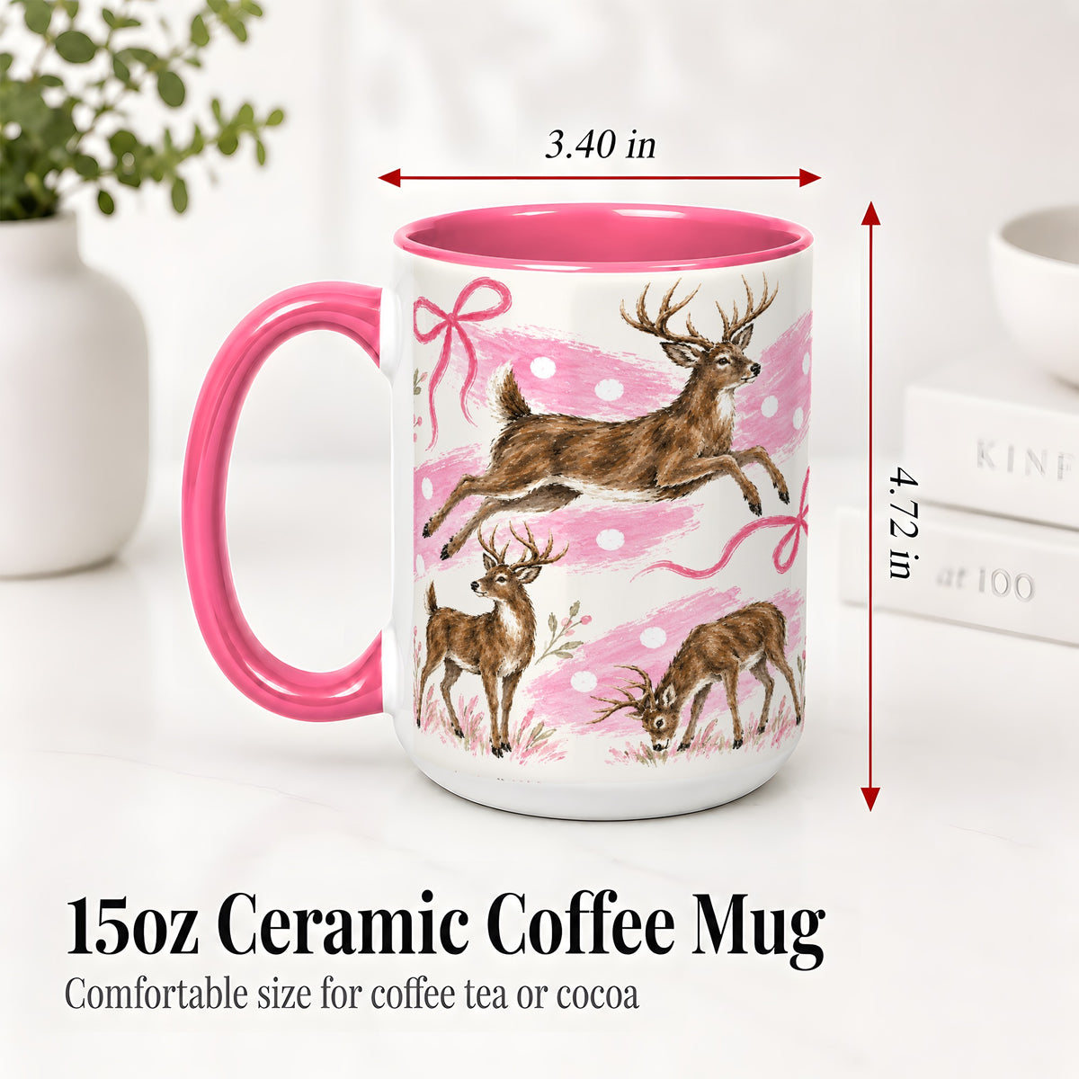 #pl[15oz|Pink] Pink Whitetail Deer Ceramic Mug, Bow Woodland Animal Artwork