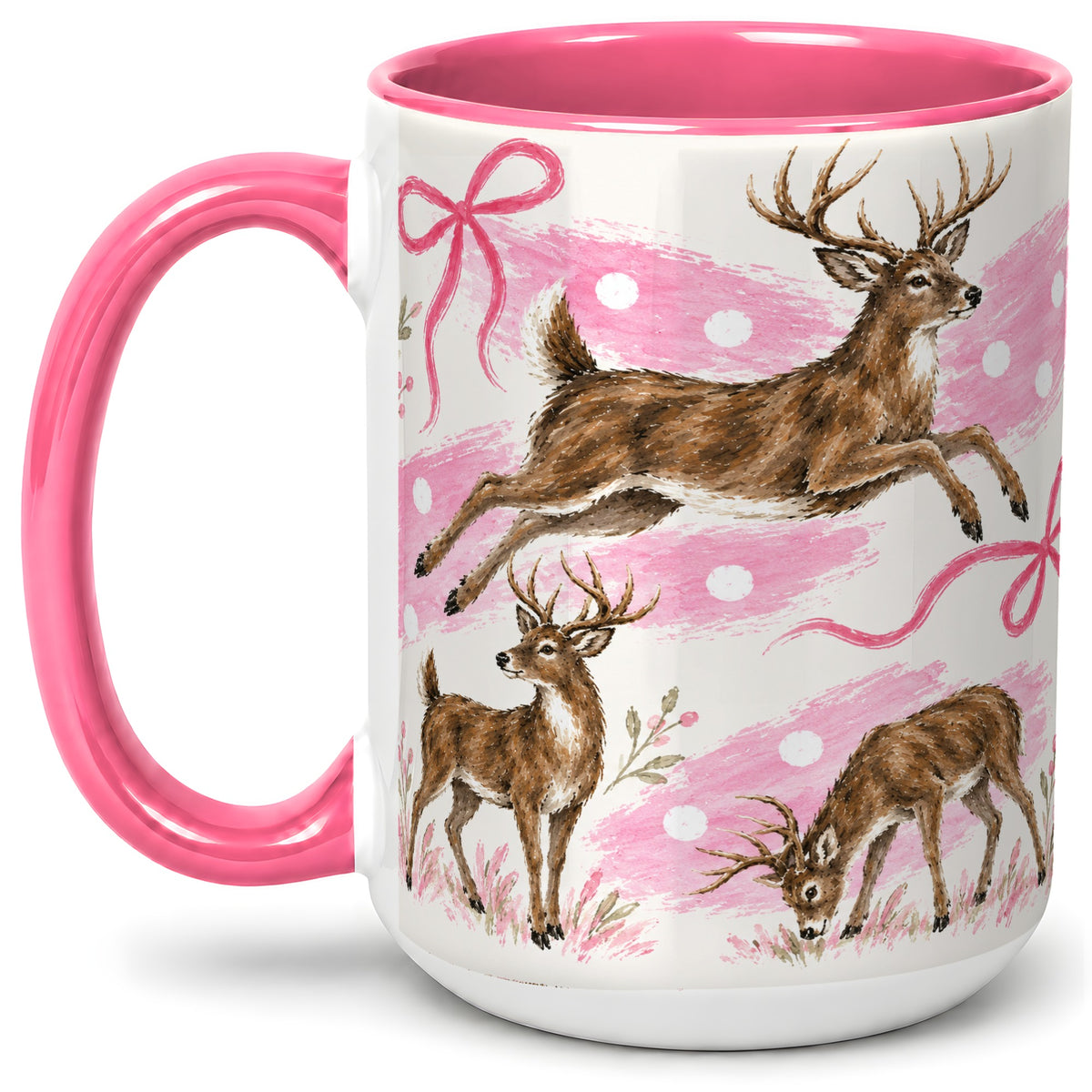 #pl[15oz|Pink] Pink Whitetail Deer Ceramic Mug, Bow Woodland Animal Artwork