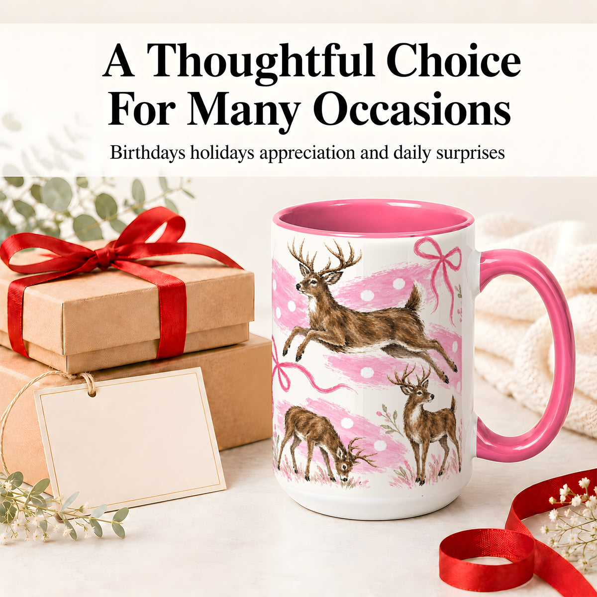 #pl[15oz|Pink] Pink Whitetail Deer Ceramic Mug, Bow Woodland Animal Artwork