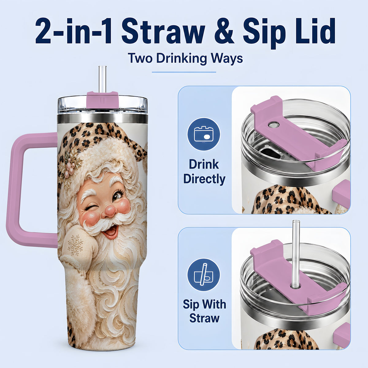 #pl[40oz|Pink] Leopard Santa 40oz Stainless Steel Tumbler, Pink Bow Holiday Artwork
