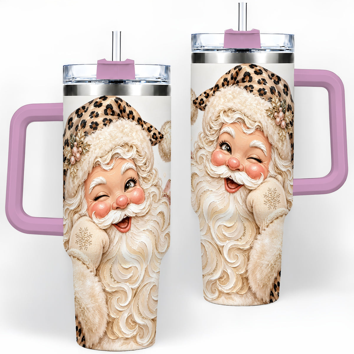#pl[40oz|Pink] Leopard Santa 40oz Stainless Steel Tumbler, Pink Bow Holiday Artwork
