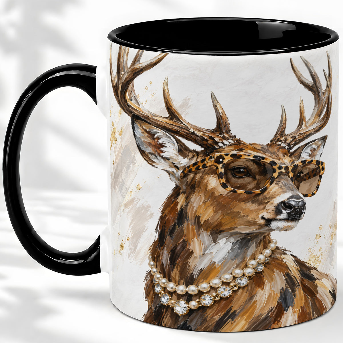 #pl[11oz|Black] Preppy Deer Ceramic Mug, Leopard Glasses Animal Portrait Artwork