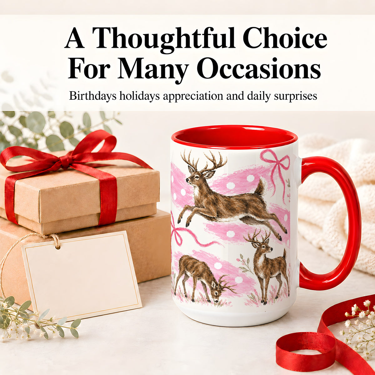 #pl[15oz|Red] Pink Whitetail Deer Ceramic Mug, Bow Woodland Animal Artwork
