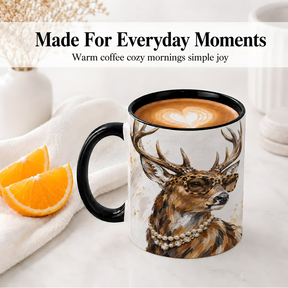 #pl[11oz|Black] Preppy Deer Ceramic Mug, Leopard Glasses Animal Portrait Artwork