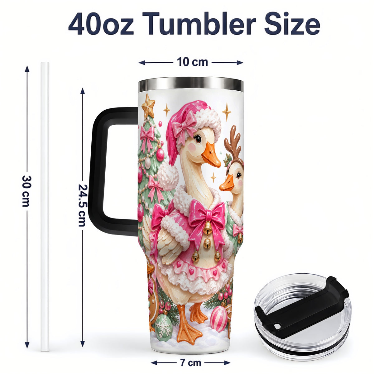 #pl[40oz|Black] Christmas Geese 40oz Stainless Steel Tumbler, Pink Bow Holiday Artwork