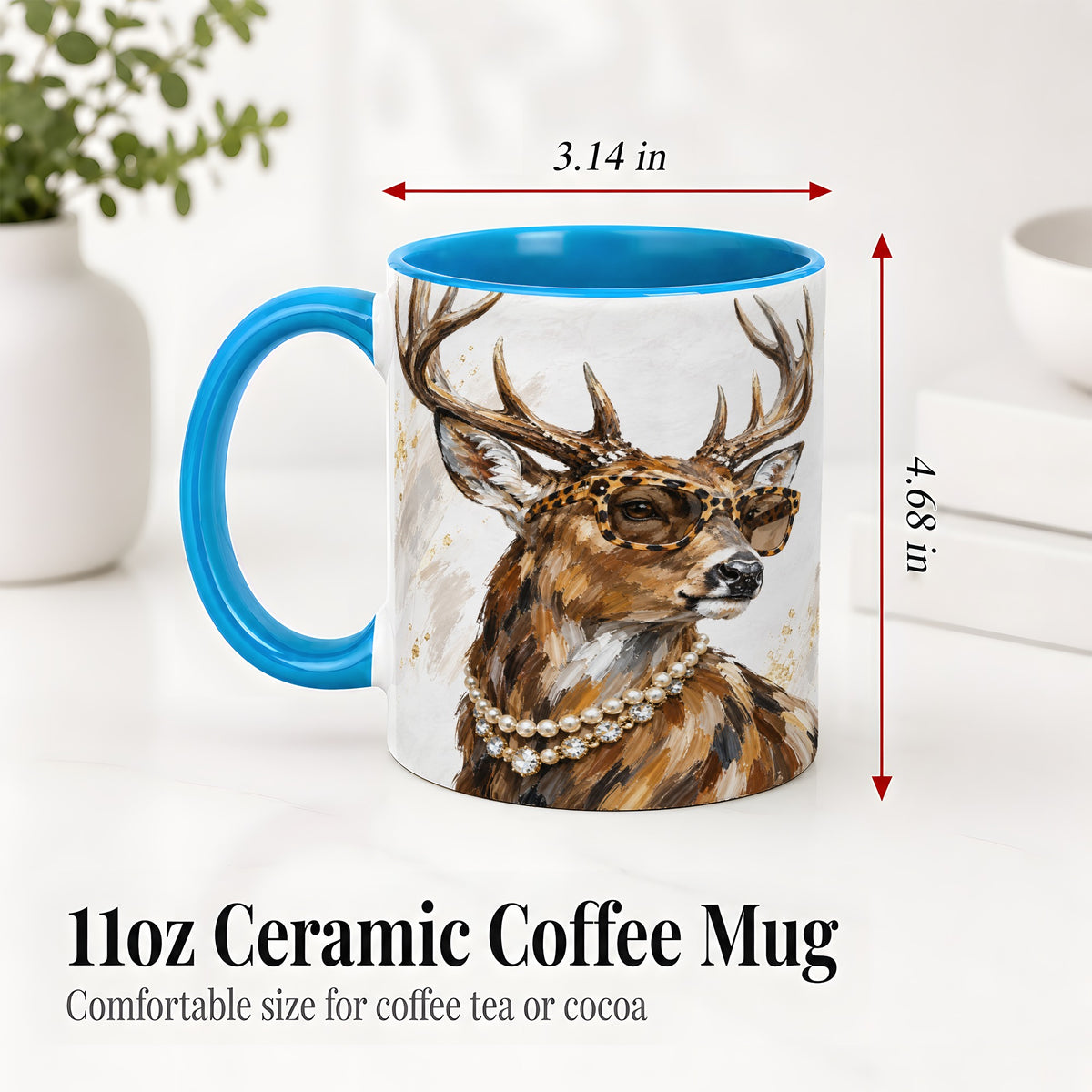 #pl[11oz|Blue] Preppy Deer Ceramic Mug, Leopard Glasses Animal Portrait Artwork
