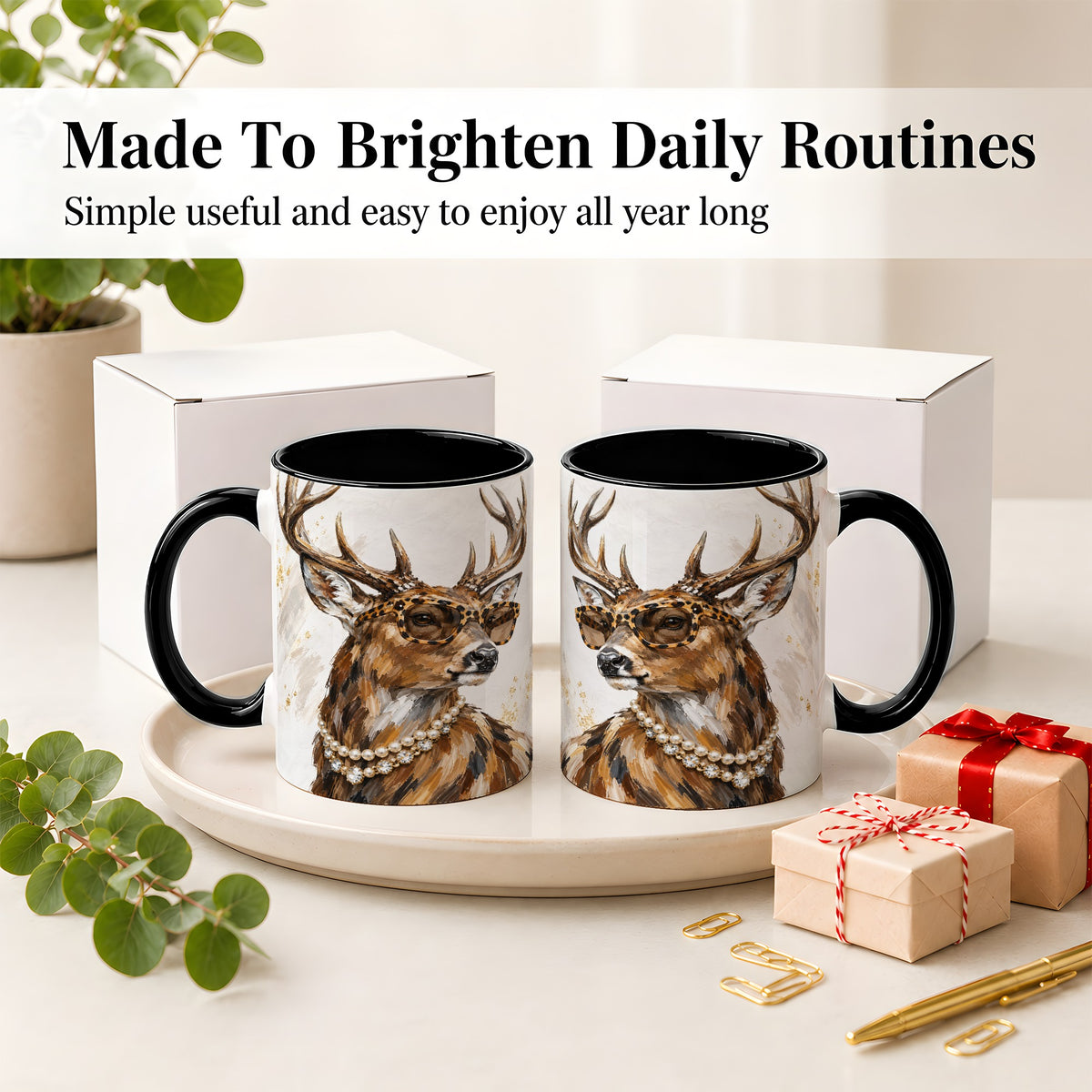 #pl[11oz|Black] Preppy Deer Ceramic Mug, Leopard Glasses Animal Portrait Artwork