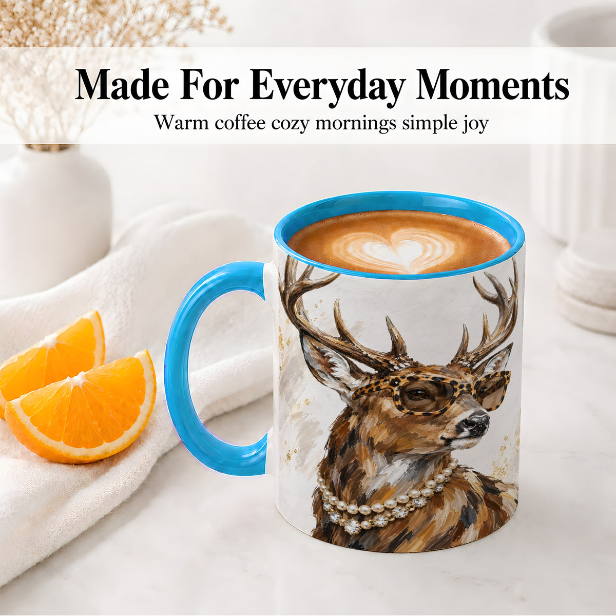 #pl[11oz|Blue] Preppy Deer Ceramic Mug, Leopard Glasses Animal Portrait Artwork