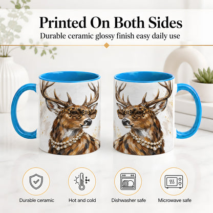 #pl[11oz|Blue] Preppy Deer Ceramic Mug, Leopard Glasses Animal Portrait Artwork