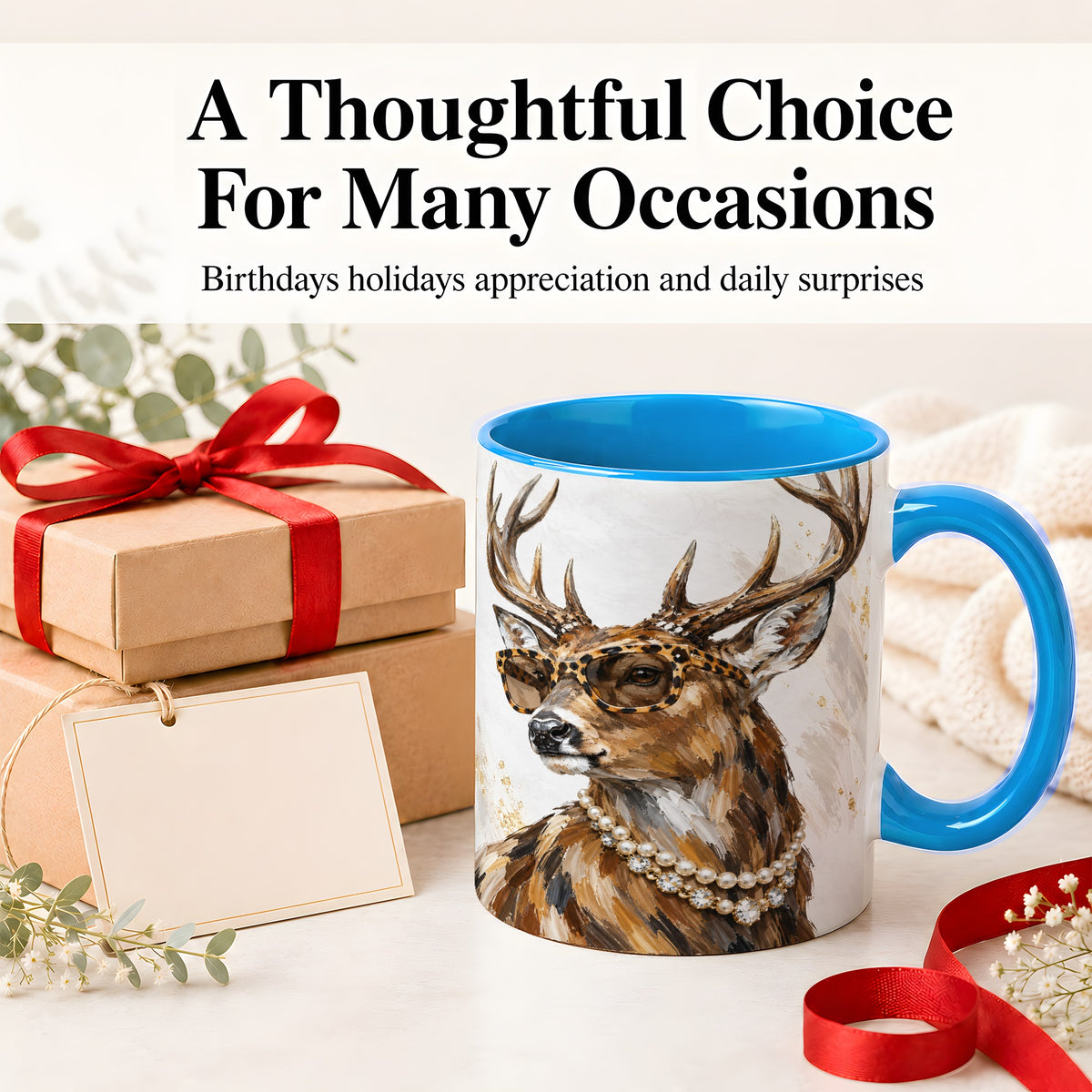 #pl[11oz|Blue] Preppy Deer Ceramic Mug, Leopard Glasses Animal Portrait Artwork