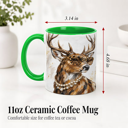 #pl[11oz|Green] Preppy Deer Ceramic Mug, Leopard Glasses Animal Portrait Artwork