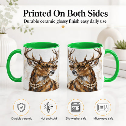 #pl[11oz|Green] Preppy Deer Ceramic Mug, Leopard Glasses Animal Portrait Artwork