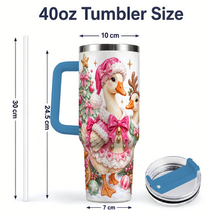 #pl[40oz|Blue] Christmas Geese 40oz Stainless Steel Tumbler, Pink Bow Holiday Artwork