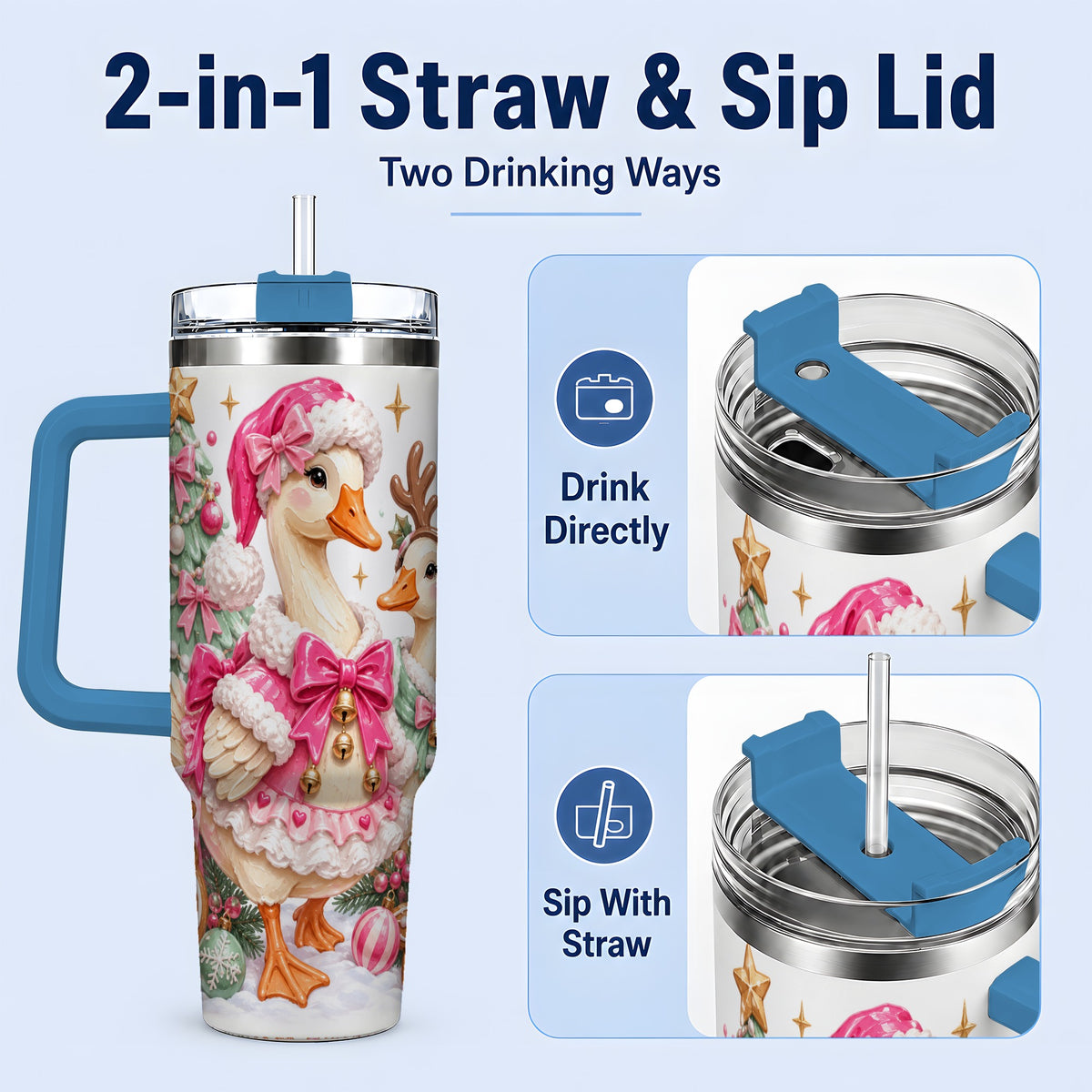 #pl[40oz|Blue] Christmas Geese 40oz Stainless Steel Tumbler, Pink Bow Holiday Artwork