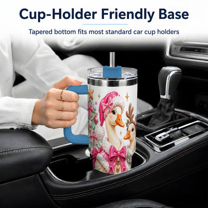 #pl[40oz|Blue] Christmas Geese 40oz Stainless Steel Tumbler, Pink Bow Holiday Artwork