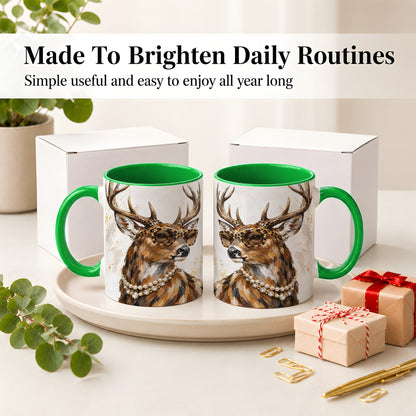 #pl[11oz|Green] Preppy Deer Ceramic Mug, Leopard Glasses Animal Portrait Artwork