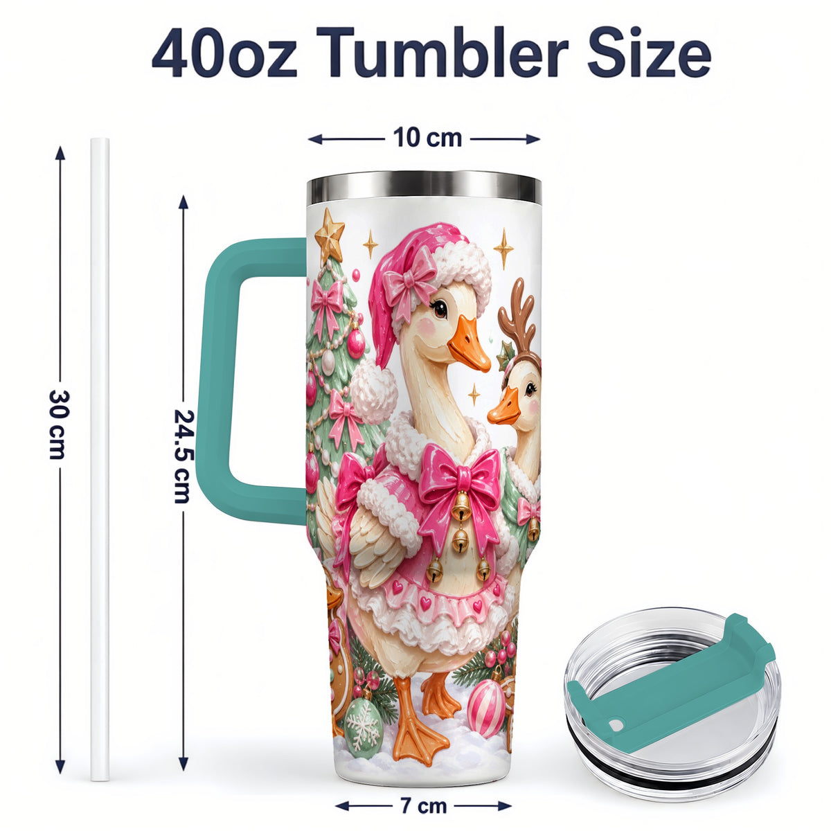 #pl[40oz|Green] Christmas Geese 40oz Stainless Steel Tumbler, Pink Bow Holiday Artwork