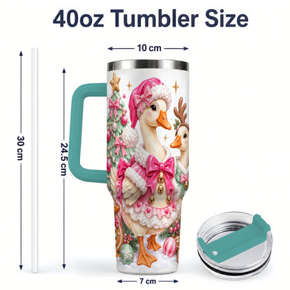 #pl[40oz|Green] Christmas Geese 40oz Stainless Steel Tumbler, Pink Bow Holiday Artwork