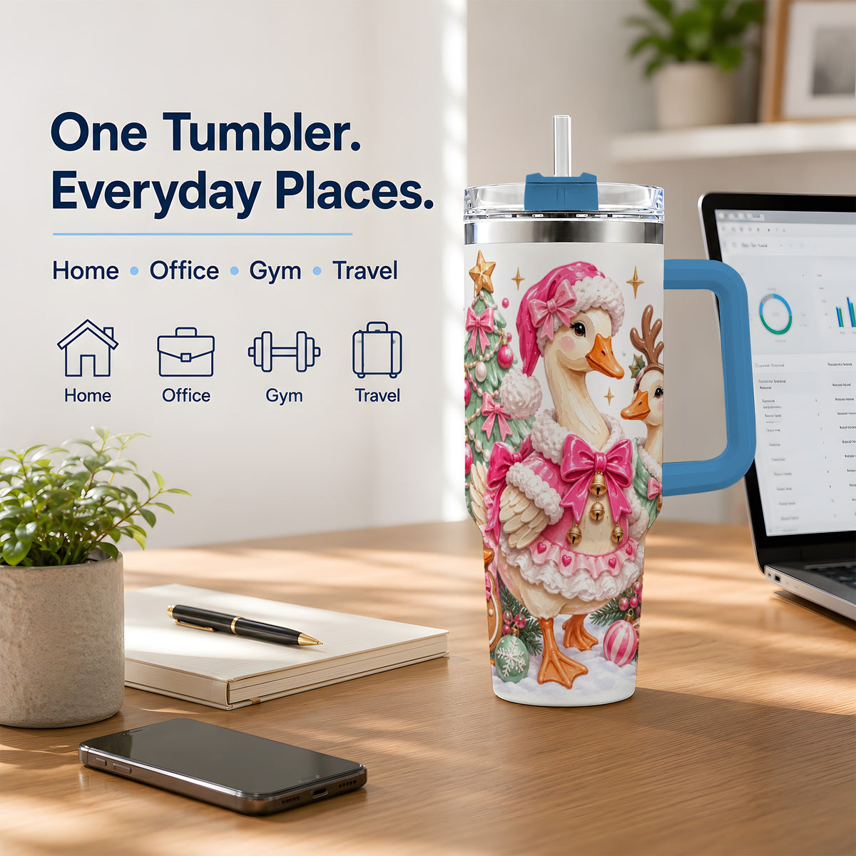 #pl[40oz|Blue] Christmas Geese 40oz Stainless Steel Tumbler, Pink Bow Holiday Artwork
