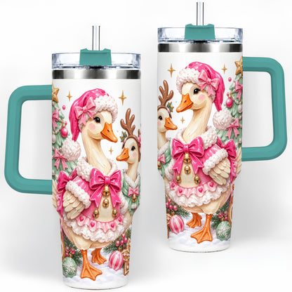 #pl[40oz|Green] Christmas Geese 40oz Stainless Steel Tumbler, Pink Bow Holiday Artwork