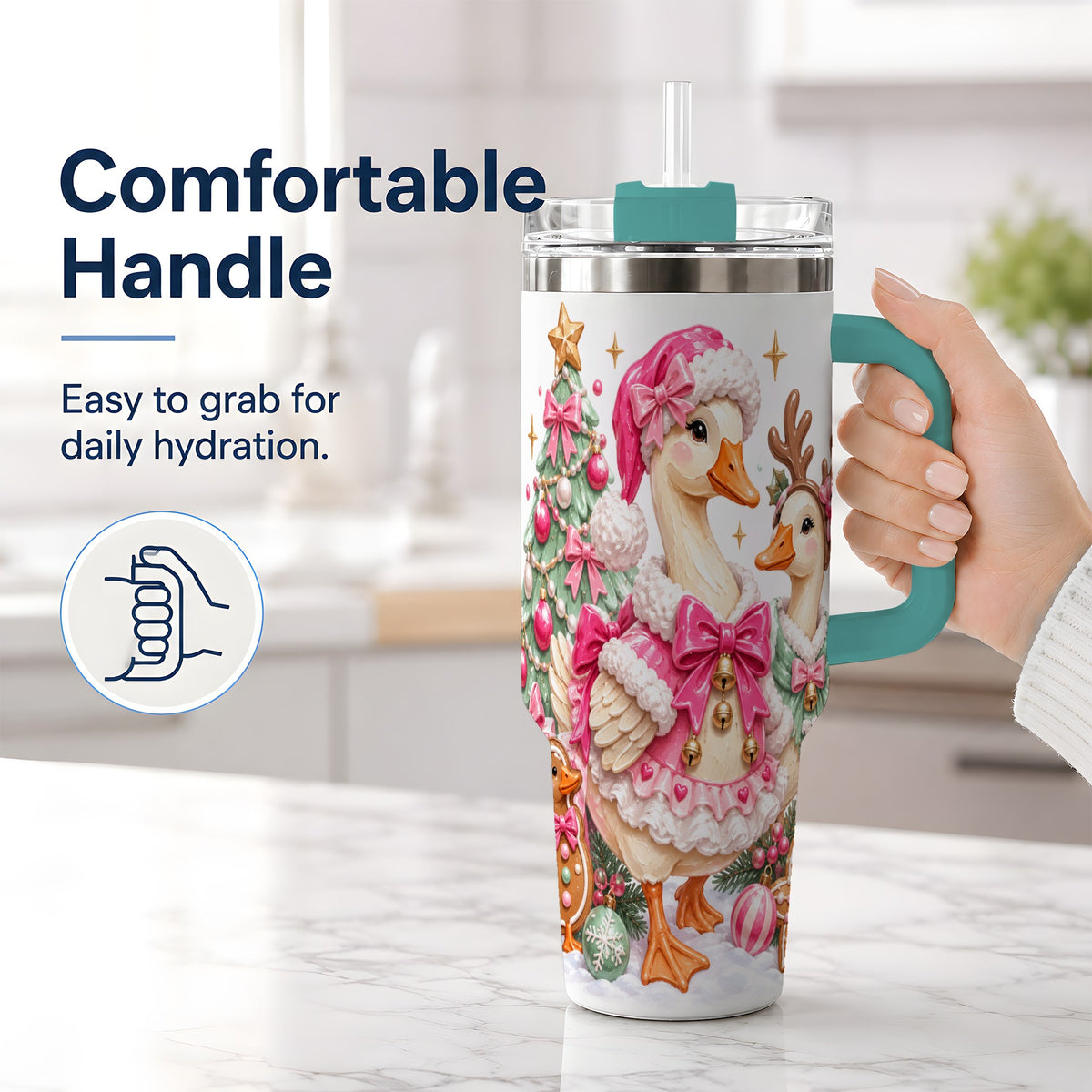 #pl[40oz|Green] Christmas Geese 40oz Stainless Steel Tumbler, Pink Bow Holiday Artwork