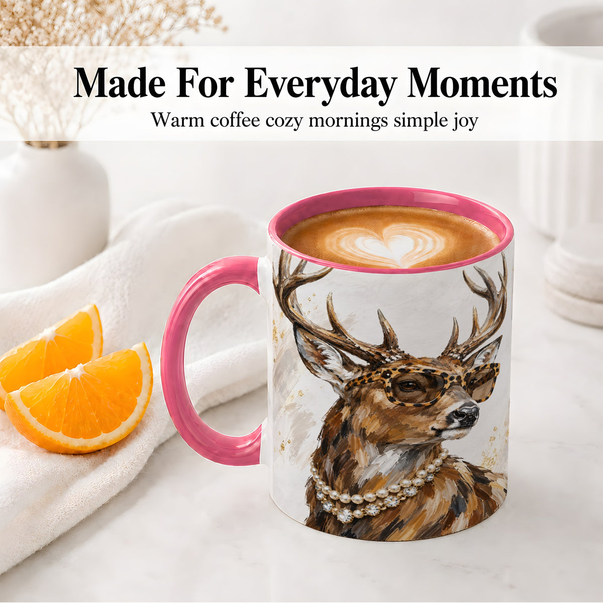 #pl[11oz|Pink] Preppy Deer Ceramic Mug, Leopard Glasses Animal Portrait Artwork