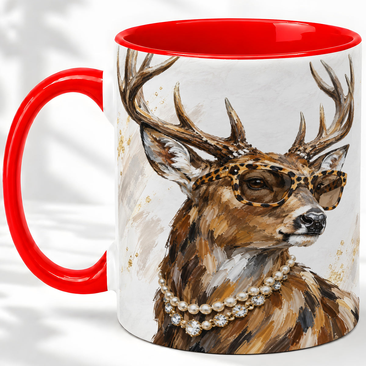 Preppy Deer Ceramic Mug, Leopard Glasses Animal Portrait Artwork