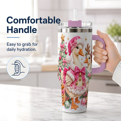 #pl[40oz|Pink] Christmas Geese 40oz Stainless Steel Tumbler, Pink Bow Holiday Artwork