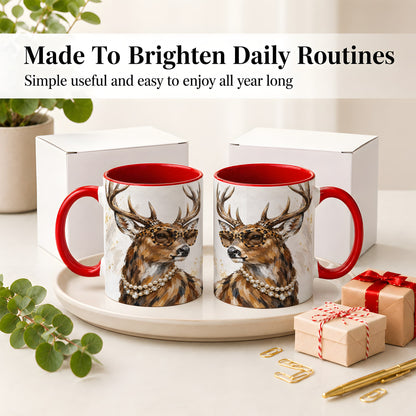 #pl[11oz|Red] Preppy Deer Ceramic Mug, Leopard Glasses Animal Portrait Artwork