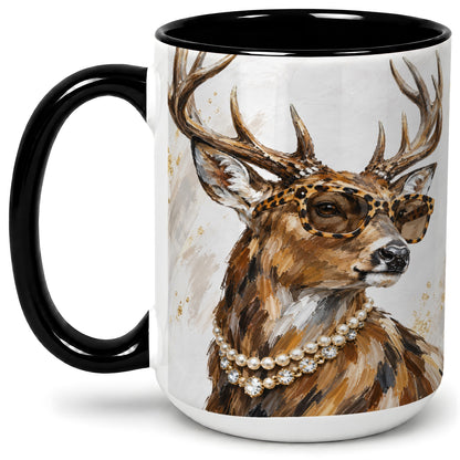 #pl[15oz|Black] Preppy Deer Ceramic Mug, Leopard Glasses Animal Portrait Artwork