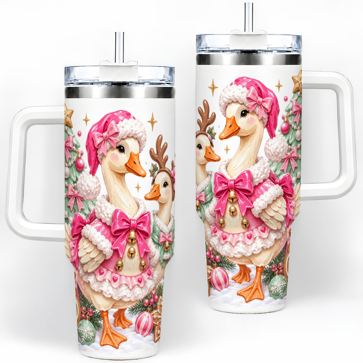 Christmas Geese 40oz Stainless Steel Tumbler, Pink Bow Holiday Artwork