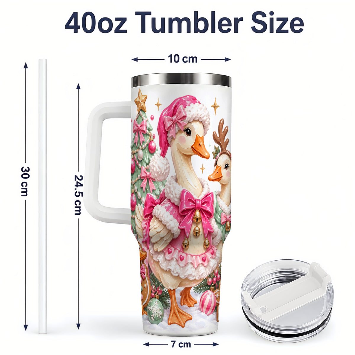 #pl[40oz|White] Christmas Geese 40oz Stainless Steel Tumbler, Pink Bow Holiday Artwork