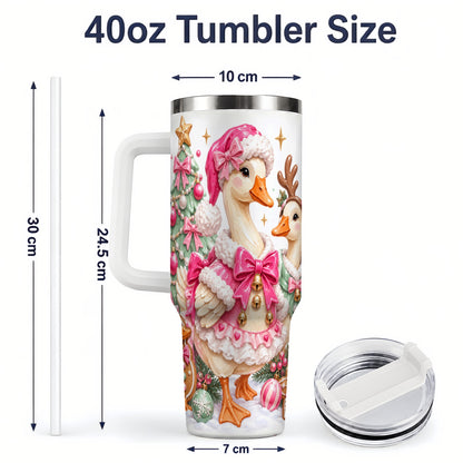 #pl[40oz|White] Christmas Geese 40oz Stainless Steel Tumbler, Pink Bow Holiday Artwork