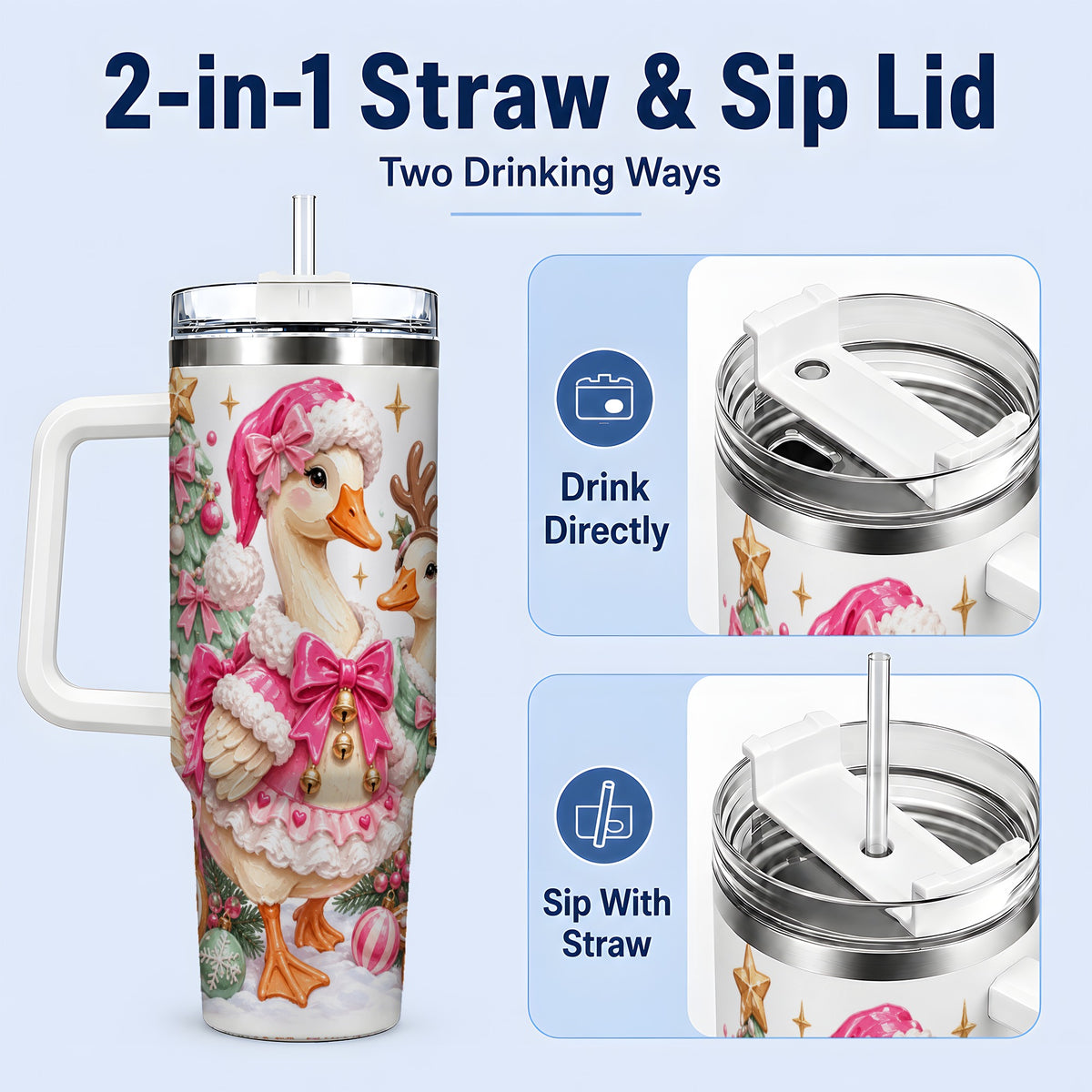 #pl[40oz|White] Christmas Geese 40oz Stainless Steel Tumbler, Pink Bow Holiday Artwork