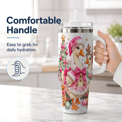 #pl[40oz|White] Christmas Geese 40oz Stainless Steel Tumbler, Pink Bow Holiday Artwork