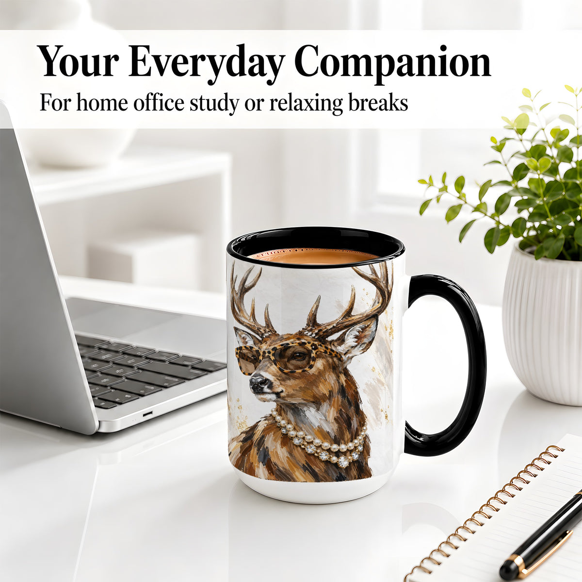 #pl[15oz|Black] Preppy Deer Ceramic Mug, Leopard Glasses Animal Portrait Artwork