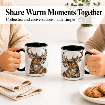 #pl[15oz|Black] Preppy Deer Ceramic Mug, Leopard Glasses Animal Portrait Artwork