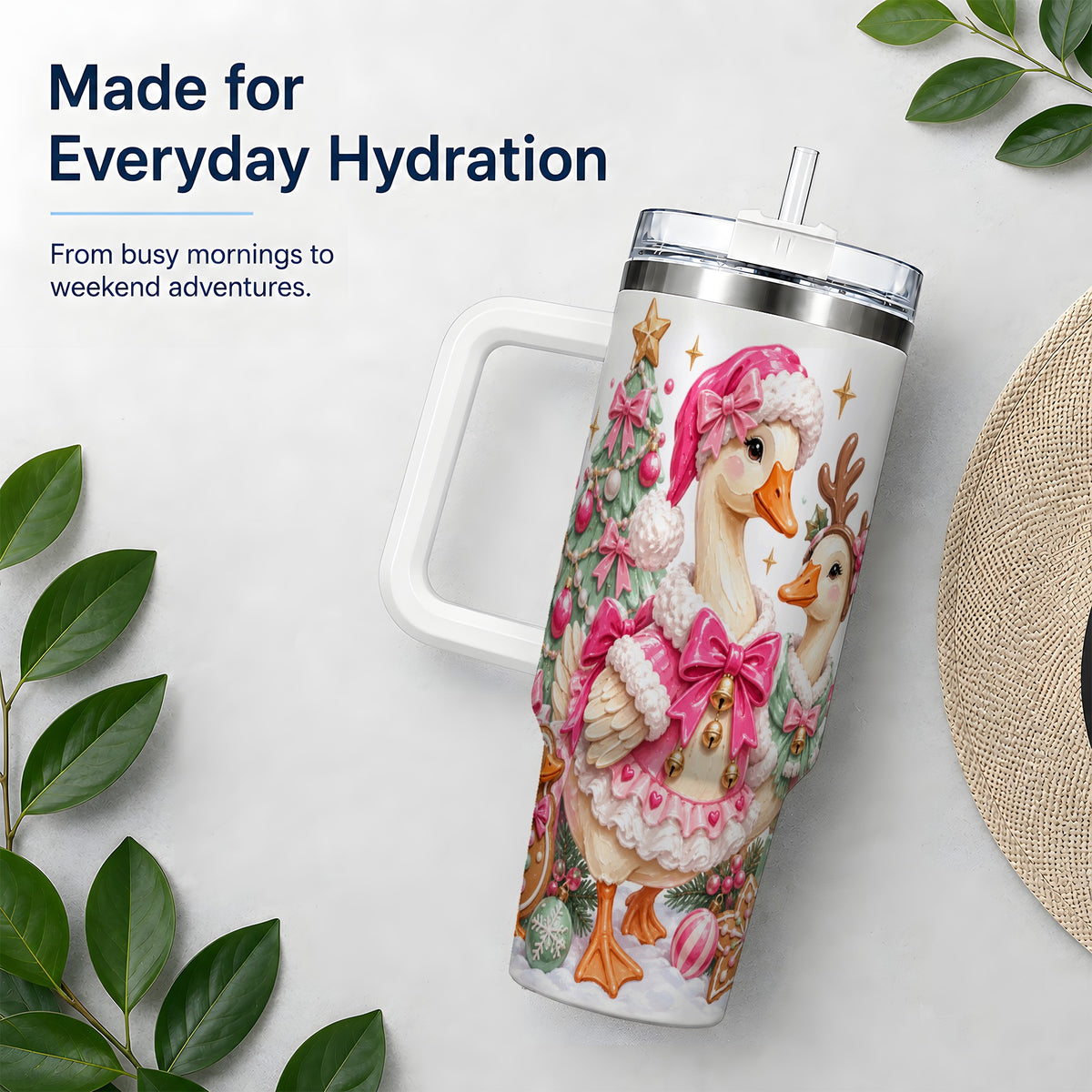 #pl[40oz|White] Christmas Geese 40oz Stainless Steel Tumbler, Pink Bow Holiday Artwork