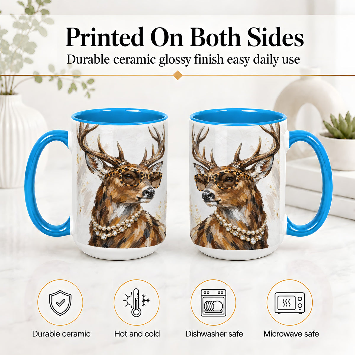 #pl[15oz|Blue] Preppy Deer Ceramic Mug, Leopard Glasses Animal Portrait Artwork