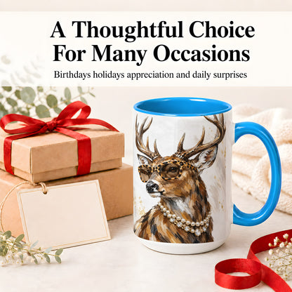 #pl[15oz|Blue] Preppy Deer Ceramic Mug, Leopard Glasses Animal Portrait Artwork