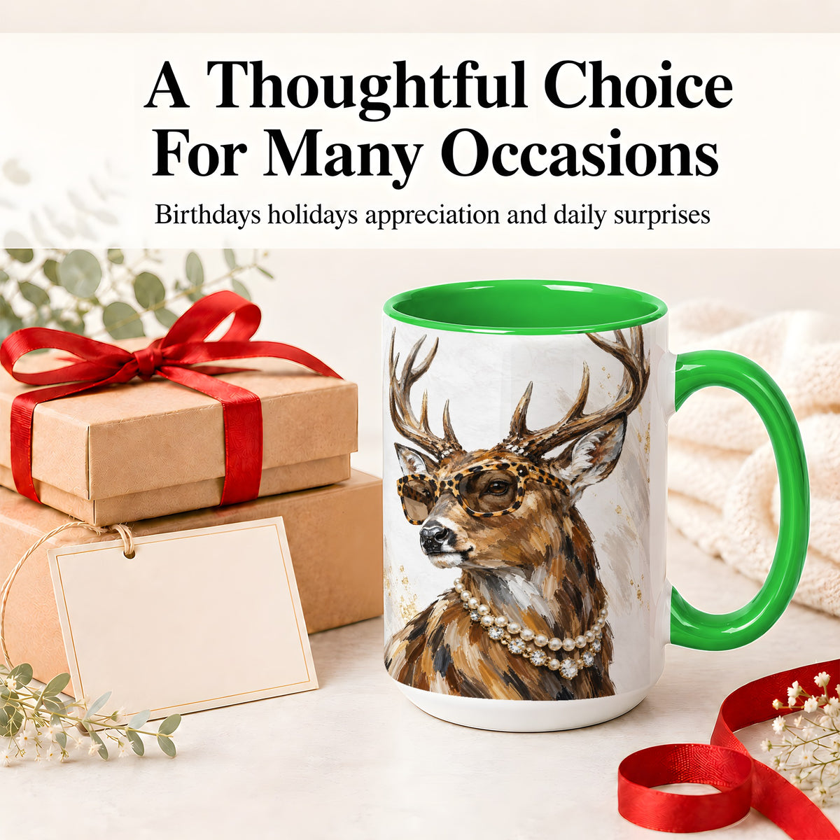 #pl[15oz|Green] Preppy Deer Ceramic Mug, Leopard Glasses Animal Portrait Artwork