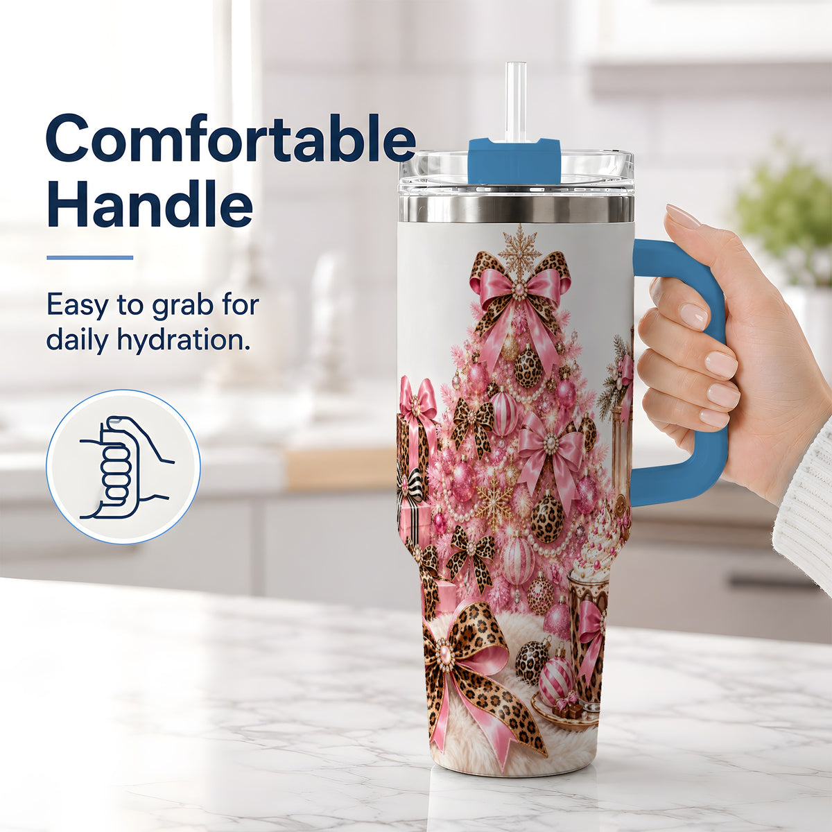 #pl[40oz|Blue] Pink Leopard Christmas 40oz Stainless Steel Tumbler, Tree Artwork