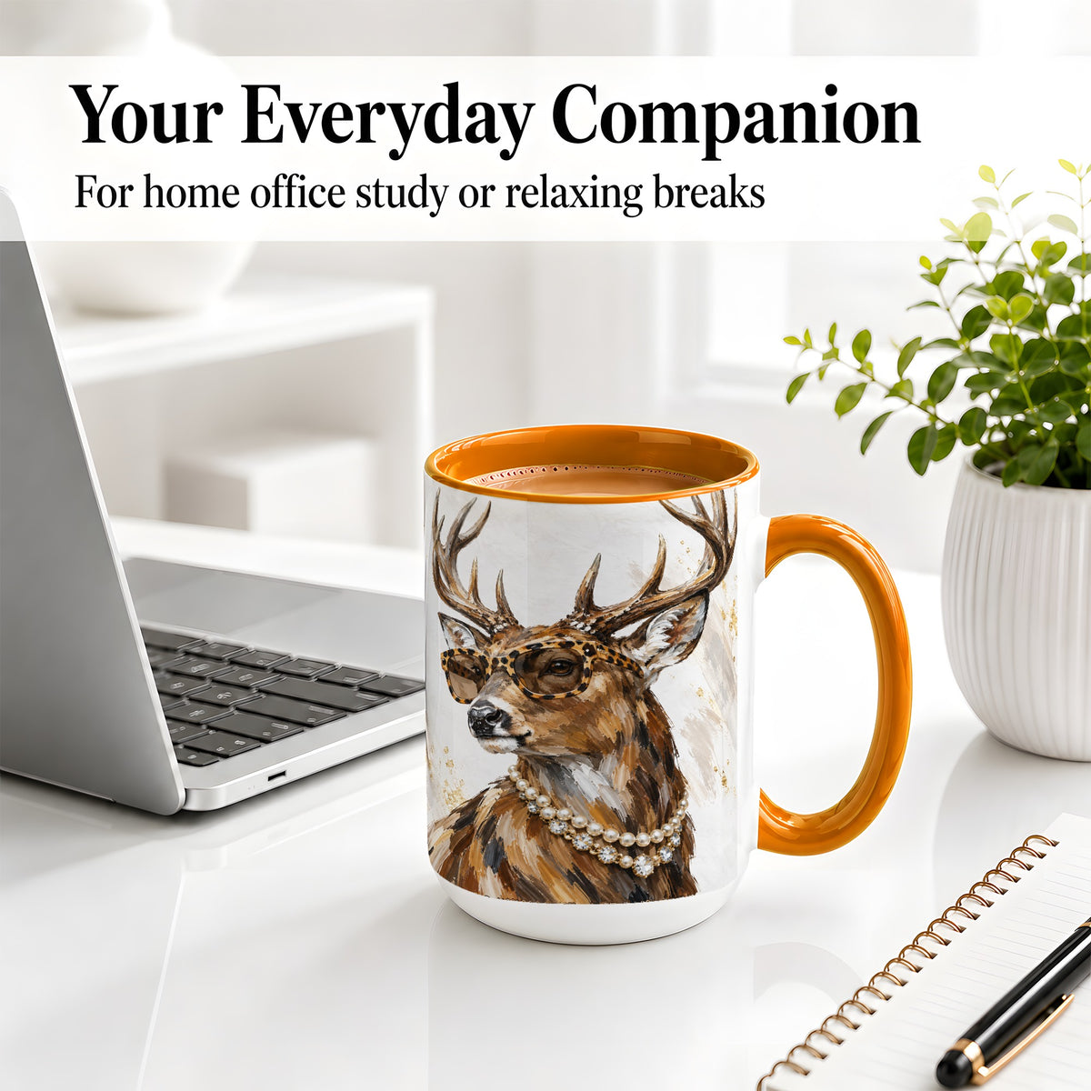 #pl[15oz|Orange] Preppy Deer Ceramic Mug, Leopard Glasses Animal Portrait Artwork
